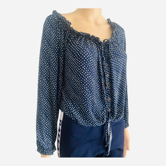 Jolt semi-formal/ casual top blouse M navy white polkadot ruched neck buttons - Picture 3 of 13